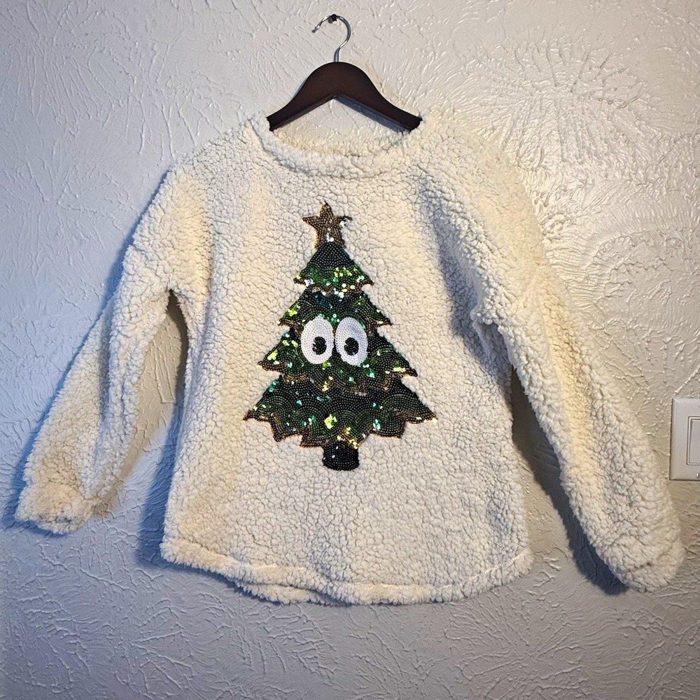 Chance or Fate Women's M Cream Green Sherpa Christmas Sweater Sequin Tree